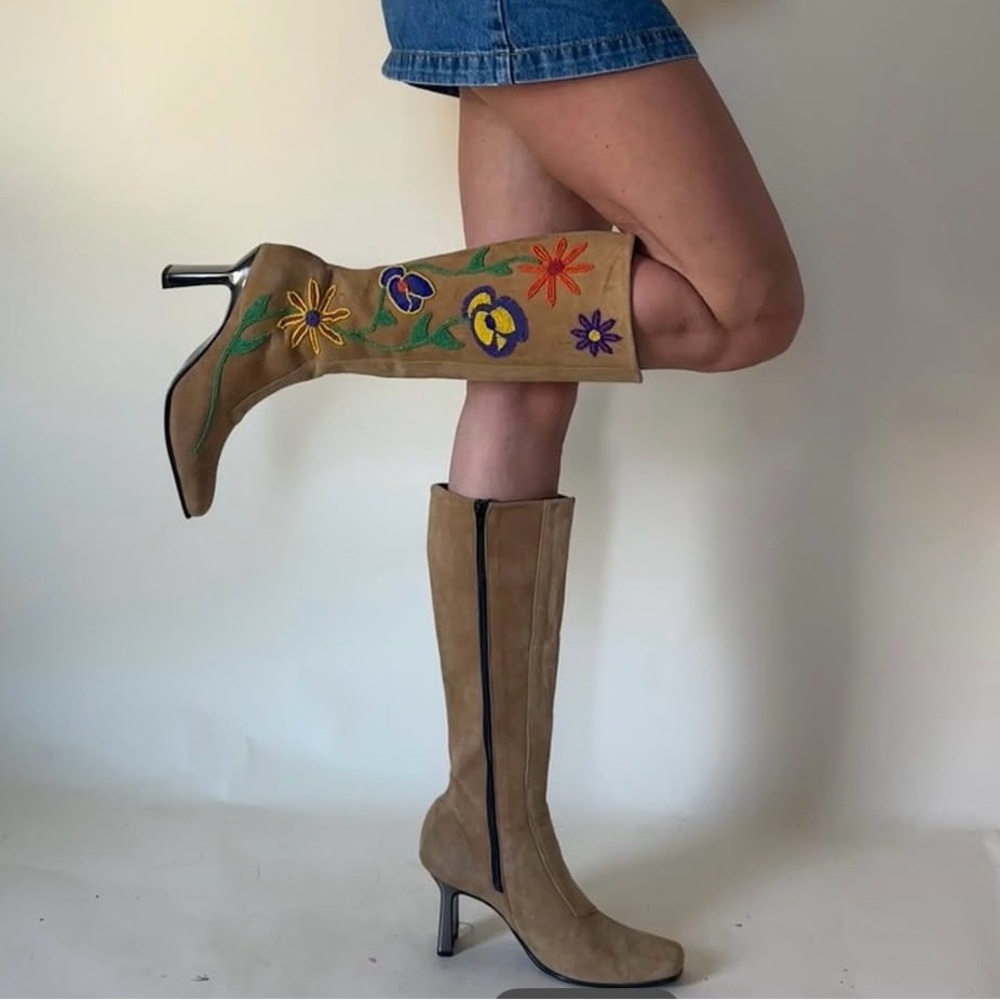 Vintage Suede Beaded Floral Boots